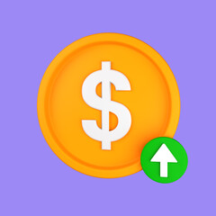 3d cartoon coin up isolated on a purple background, coin up icon. 3d rendering illustration