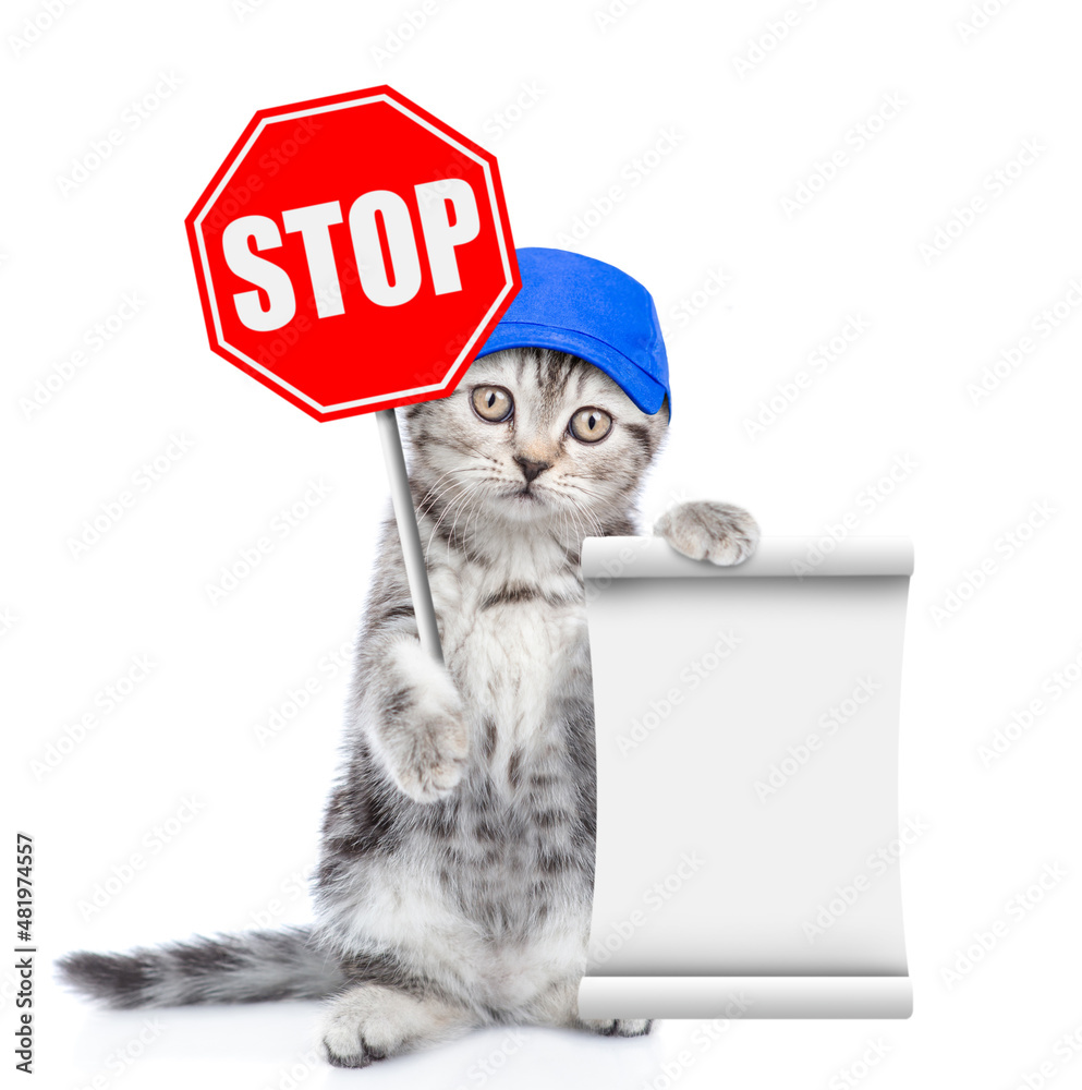 Poster cat wearing blue cap holds stop sign and shows empty list. isolated on white background