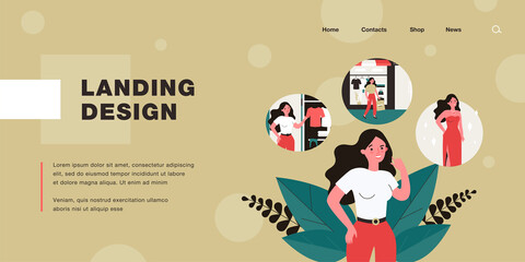 Cartoon woman thinking about buying beautiful new dress. Girl going to clothing store and getting dress flat vector illustration. Shopping, fashion concept for banner, website design or landing page