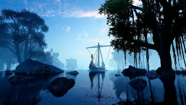 Ships in a tropical bay