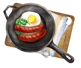 Eggs with sausages in a pan. Watercolor illustration