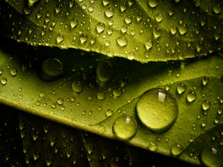 water drops on a green leaf