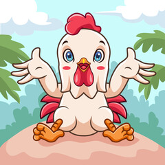 Cartoon cute rooster having fun in the garden 