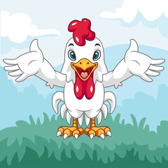 Cartoon cute rooster having fun in the garden