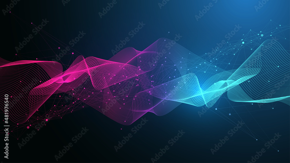 Poster Quantum computer technology banner design template concept. Deep learning artificial intelligence. Big data algorithms visualization for business, science, technology. Waves flow, illustration.