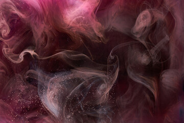 Pink smoke on black ink background, colorful fog, abstract swirling touch ocean sea, acrylic paint pigment underwater © amixstudio