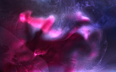 Blue pink smoke on black ink background, colorful fog, abstract swirling ocean sea, acrylic paint pigment underwater