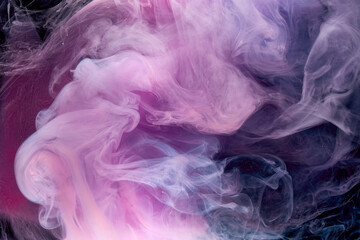 Purple smoke on black ink background, colorful fog, abstract swirling purple ocean sea, acrylic paint pigment underwater - obrazy, fototapety, plakaty