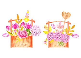 Watercolor bouquets in a box on a white background for Valentine's day