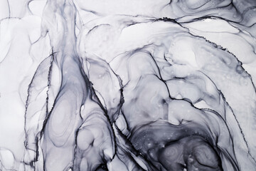Abstract gray ink watercolor background. Black paint stains and spots in water, luxury fluid liquid...
