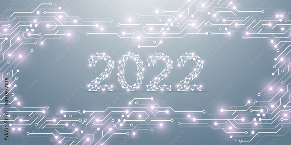 Poster Modern technology template for Merry Christmas and Happy New Year 2022 with connected lines and dots. Digital geometric effect, illustration