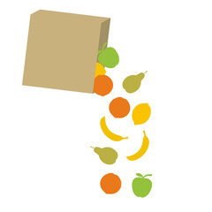 Various fruits spill out of the box.
