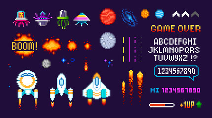 Pixel Art 8 bit arcade video game objects with space ships. 90s retro style 8 bit computer game. Pixelated Space arcade elements template vector illustration - obrazy, fototapety, plakaty
