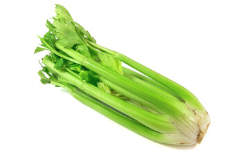 Bio fresh green celery, bunch celery stalk with leaves isolated on a white background with clipping path.