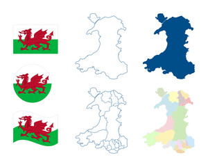 Wales map. Detailed blue outline and silhouette. Administrative divisions and counties. Country flag. Set of vector maps. All isolated on white background. Template for design and infographics.