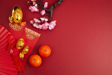 Chinese new year festival decorations. Orange, red packet, plum blossom and lucky money. Translation: let ten thousand wishes come true.