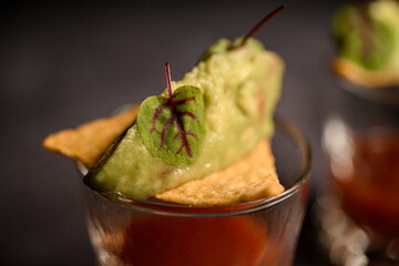 close-up of small green leaf with sauce on crispy nacho.