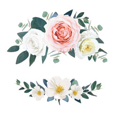 Editable elegant vector bouquet. Watercolor floral illustration of delicate pale pink, ivory yellow garden roses, camellia flowers, emerald eucalyptus leaves. Perfect invite, save the date element set
