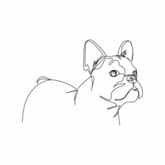 Continuous one simple single abstract line drawing of bulldog portrait animal concept in silhouette on a white background. Linear stylized.