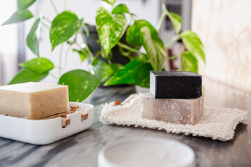 Vegan cosmetics and cruelty free. Zero waste. Organic cotton sponge. Pothos in the background