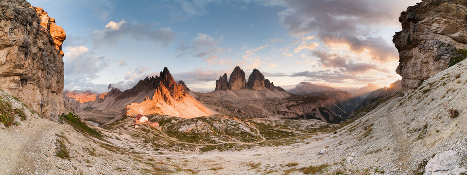 Panorama Tre Cime di Lavaredo at sunset (Dolomites, Italy)