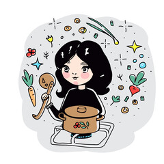 Vector Illustration of a Cute Little Chef Girl Cooking Borsch