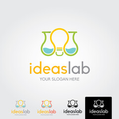 Creative lab logo with bottle lab and light bulb vector design template