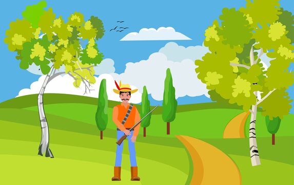 Countryside landscape, green hills road, hunter with gun, hat, red coat and blue trousers. vector illustration