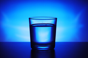 A glass with water at blue background	