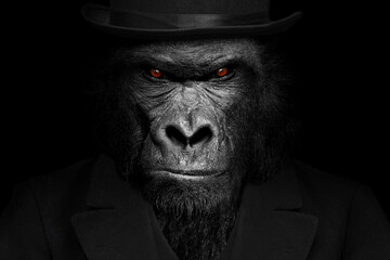 Man in the form of a Gorilla mammal , The Gorilla person , animal face isolated black white  © Vieriu