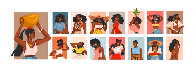 Hand drawn vector abstract stock graphic illustrations collection set with young happy black afro american beauty women group lifestyle avatar,summer boho style isolated on white background. - obrazy, fototapety, plakaty