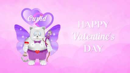 Happy Valentines day. Funny fat cartoon gray cupid cat with a bow, arrows and wings against a cloudy pink sky