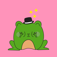 A green frog in a black hat