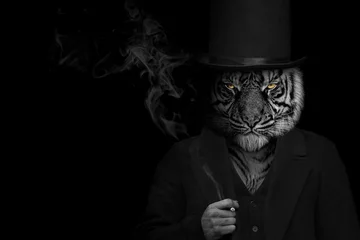 Fototapeten Man in the form of a Tiger mammal , The Tiger person smoking , animal face isolated black white © Vieriu