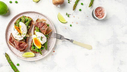 Ketogenic diet meal Poached egg with asparagus spears and prosciutto. banner, menu recipe place for text, top view