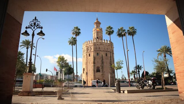 Timelapse of the Torre del Oro in Seville Spain.