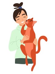 Happy girl hugging red cat. Flat illustration isolated on white background 