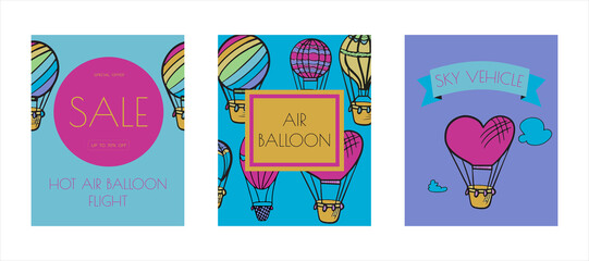 Doodle vector banners of hot air balloons with clouds. Colorful hand draw illustration flying vehicles. Romantic balloons. Sky with tourist balloons for flight. Cartoon style