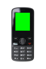 Retro push-button mobile phone isolated on white background with green screen. 