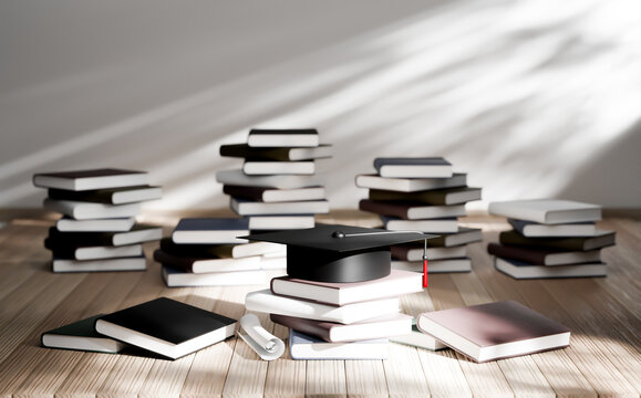 3d rendering, graduation cap and stack of books, concept