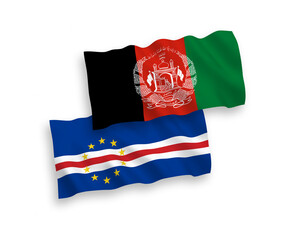National vector fabric wave flags of Republic of Cabo Verde and Islamic Republic of Afghanistan isolated on white background. 1 to 2 proportion.