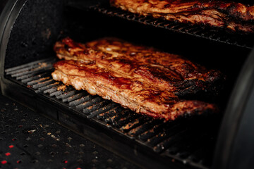 Ribs Roasting with Spices on Barbecue Grill Grid. Marinade Seasoned Pork Meat Frying on Bbq Equipment Outdoor. Tasty Fat Nutrition Grilling, Food Culinary Delicious Recipe for Picnic