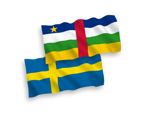 National vector fabric wave flags of Sweden and Central African Republic isolated on white background. 1 to 2 proportion.