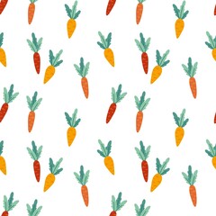 Seamless vector pattern with various carrots. Vintage summer texture. Cute hand drawn background for kids room decor, nursery art, card, gift, packaging, wrapping paper, wallpaper, fabric, textile.