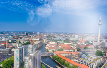 Aerial view of Berlin cityscape from drone, Germany.