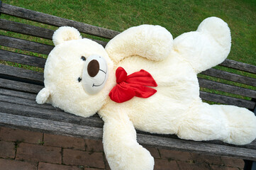 big polar plush bear with red tie, lying on the a bench - obrazy, fototapety, plakaty