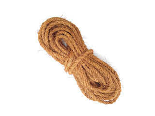 coconut coir fiber rope isolated on white background, selective focus