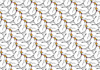 Seamless vector pattern with rabbit and carrot drawn in Escher style. Silhouette of a white hare with food on a black background. Abstract background with repeating animal