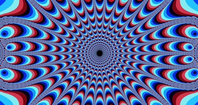 Fractal image with a visual effect of optical illusion and hypnosis in the form of colorful rings and a black circle in the middle