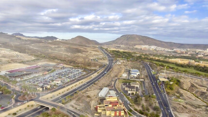 Aerial view of Coasta Adeje in Tenerife. Mountains and countryside.